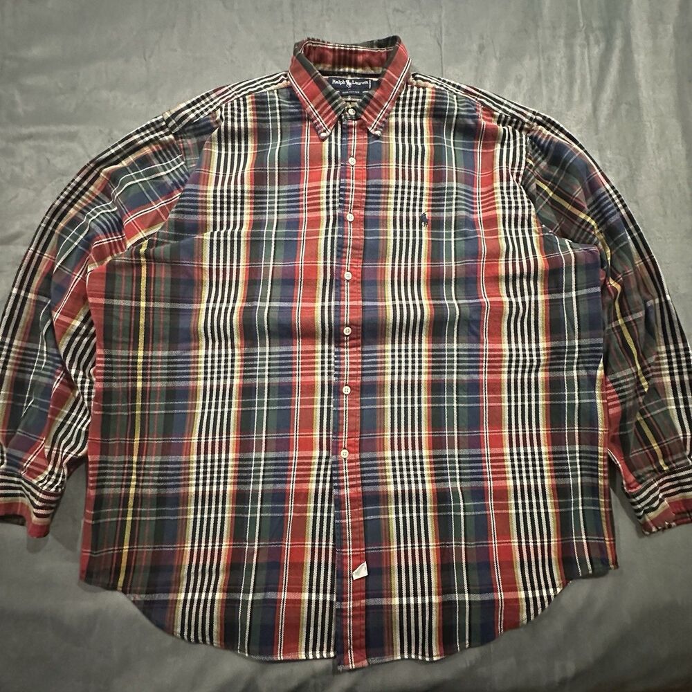 Vintage 90s Ralph Lauren Flannel Shirt Mens XL Plaid Heavy Cotton Button Collar